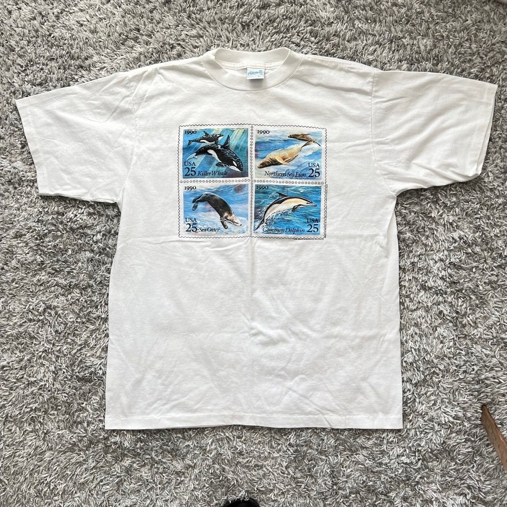 True VTG 80s USA Postal Service 25 Cent Stamp‎ Sea Life Whale Graphic T Shirt XL